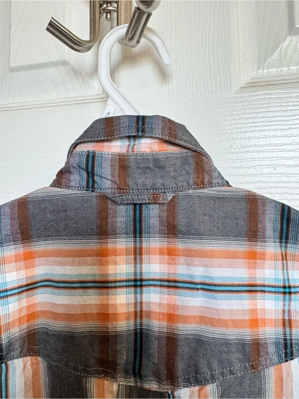 Roper Boys Short-Sleeve Orange, Gray & White Plaid Button-Down Shirt